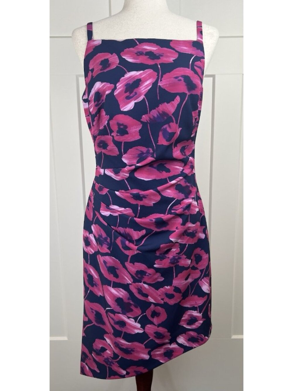 Milly Floral Dress Size 8 Pink Navy Ruched Asymmetrical Hem Sleeveless Lined
